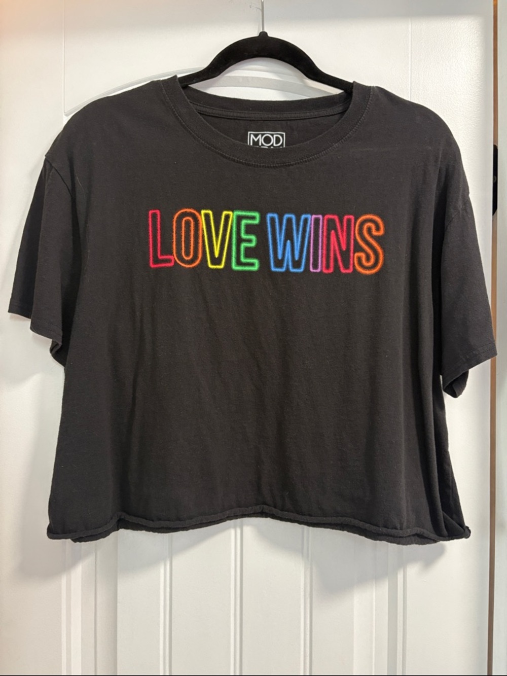 Modern Lux Black Crop Tee with Rainbow 'LOVE WINS' Graphic